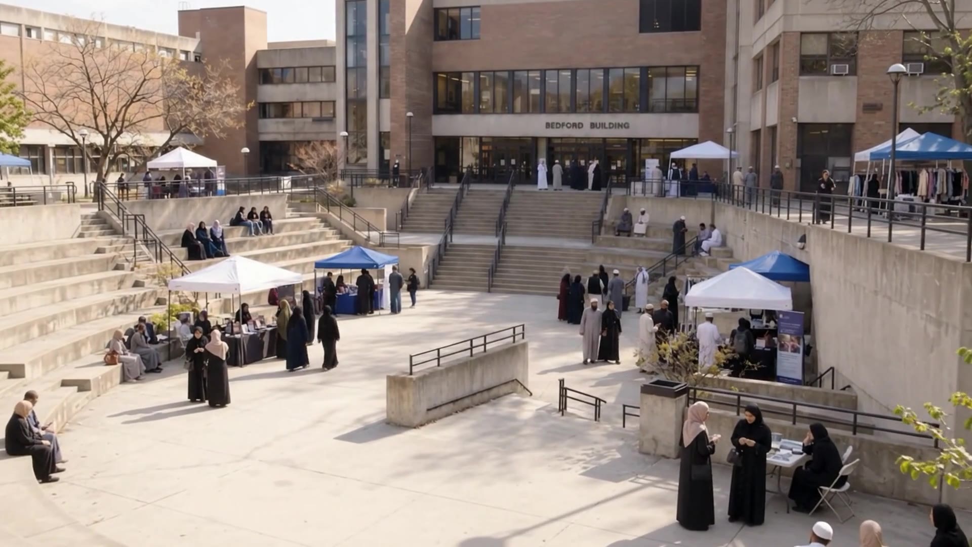 An illustrative view of the Bedford Building amphitheater courtyard, with community members and vendor tents.
